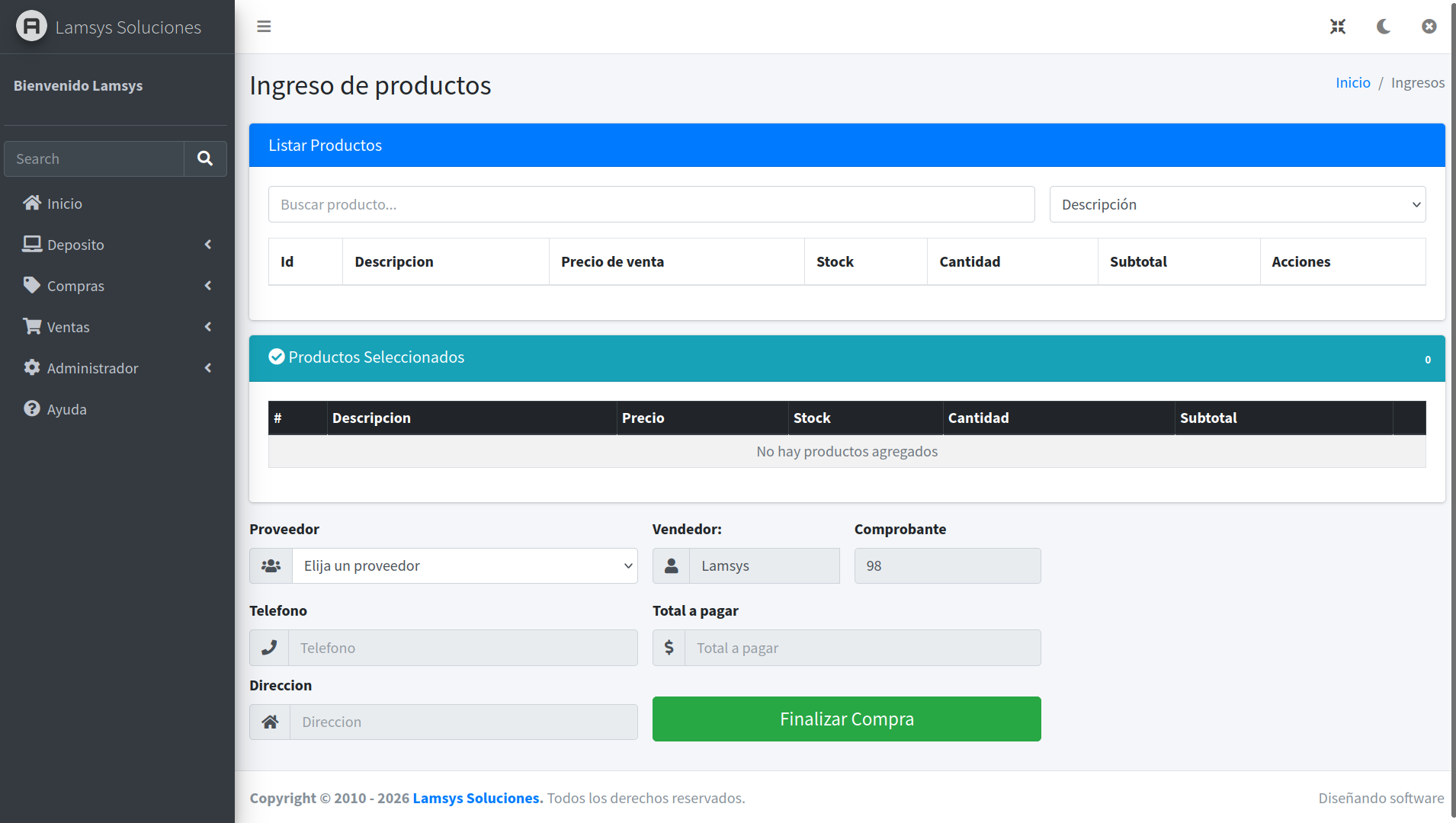 Syslam Gestion - Ingreso de stock