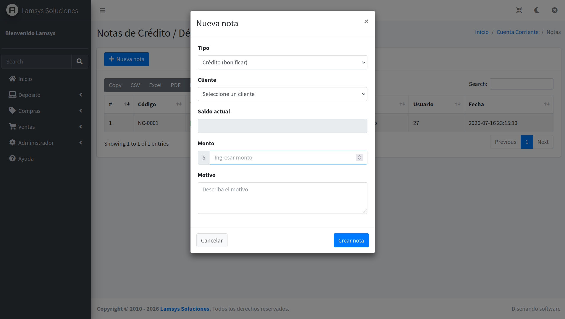 Syslam Gestion - Nota de débito