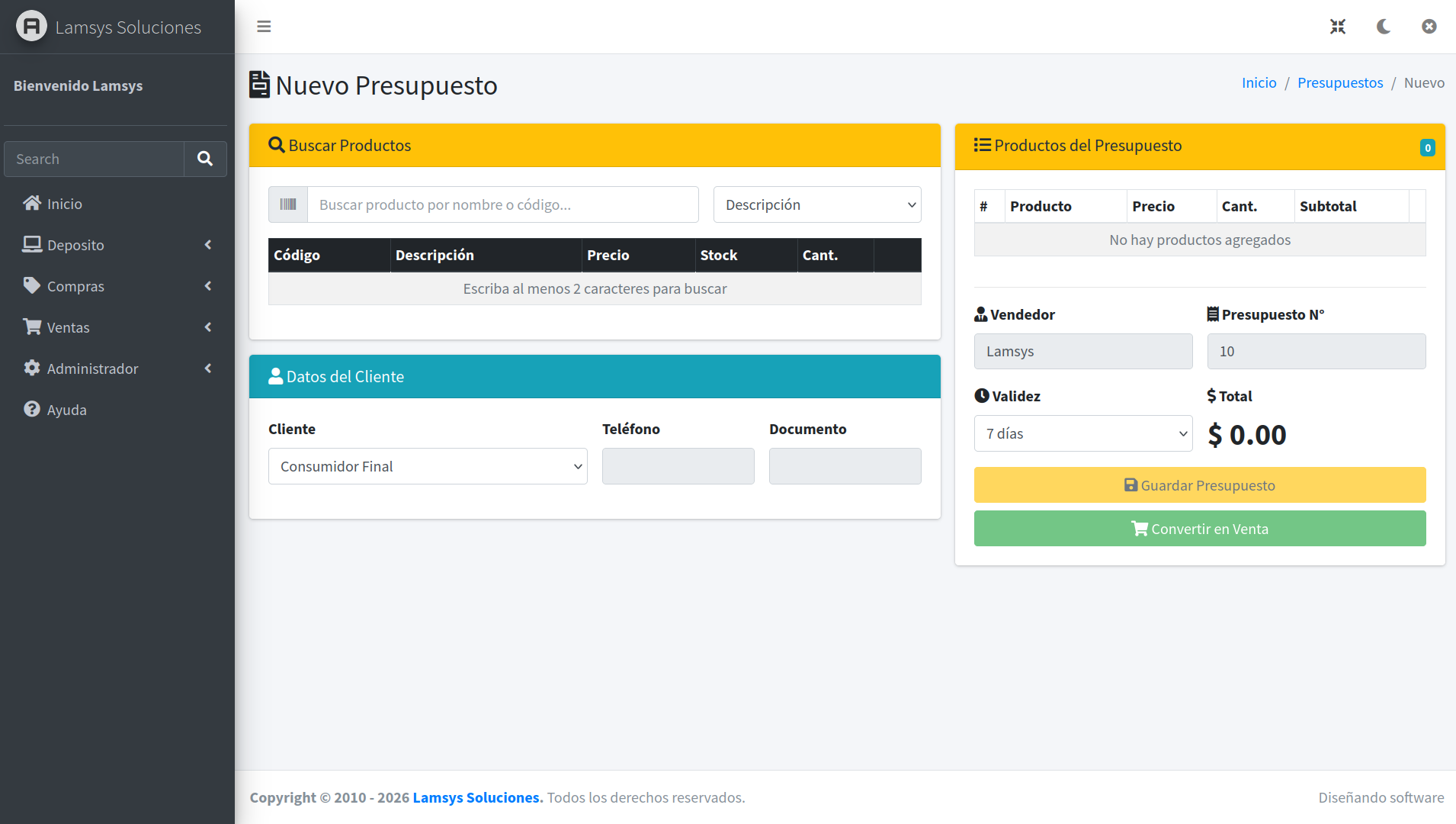 Syslam Gestion - Modulo de presupuestos